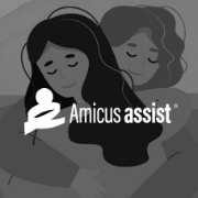 Two women hugging illustration, Care at every step of your treatment journey, Amicus Assist